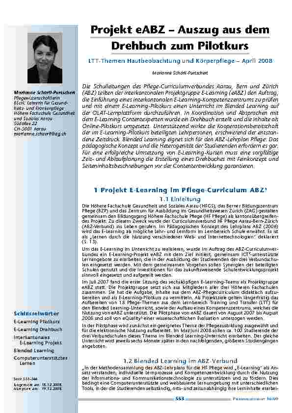 [doc_200122] Projekt eABZ – Auszug aus dem Drehbuch zum Pilotkurs LTT-Themen Hautbeobachtung und Körperpflege – April 2008